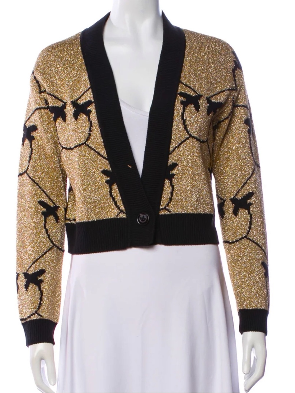 Pinko Gold and Black Cropped V-Neck Cardigan with Bird Motif